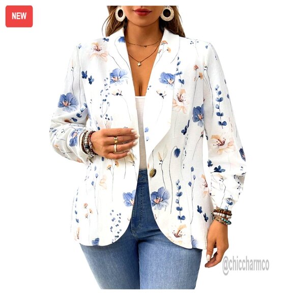 Plus Size Floral Blazer Shawl Collar Long Sleeve Business Suit Jacket Elegant